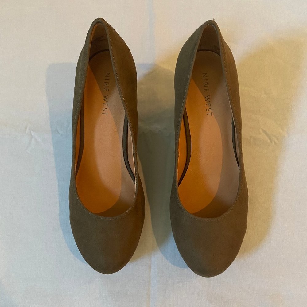 Nine West Wedge High Heel Square Heel Dress Shoes Olive Green Brown